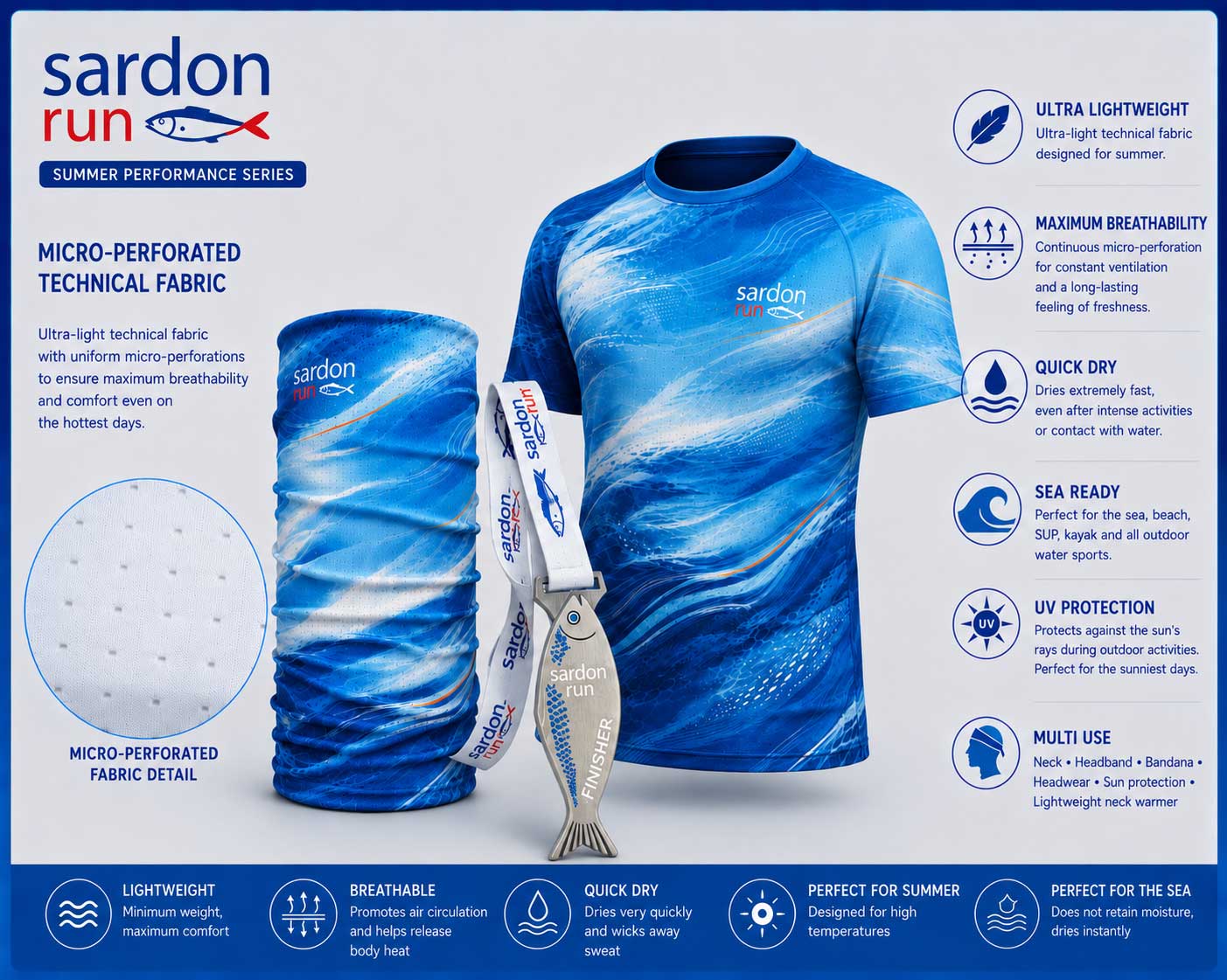 Sardon Run 2026 Race Pack — Technical Summary: T-shirt, multifunctional neck warmer, and medal
