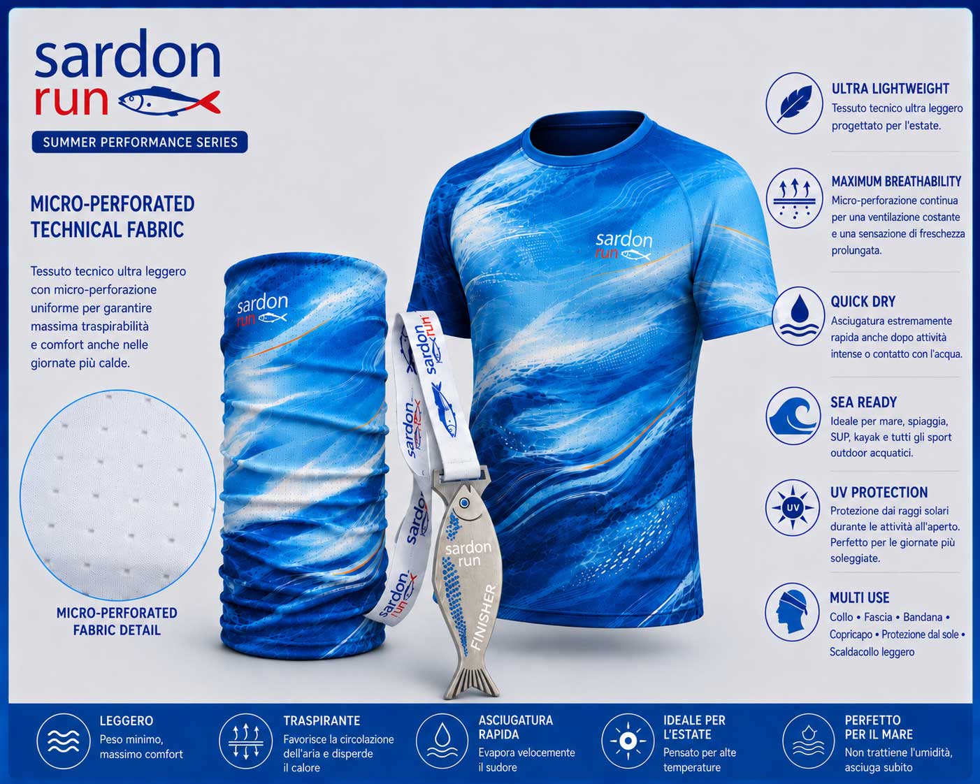 Pacco gara Sardon Run 2026 — riepilogo tecnico maglietta, scaldacollo multifunzione e medaglia