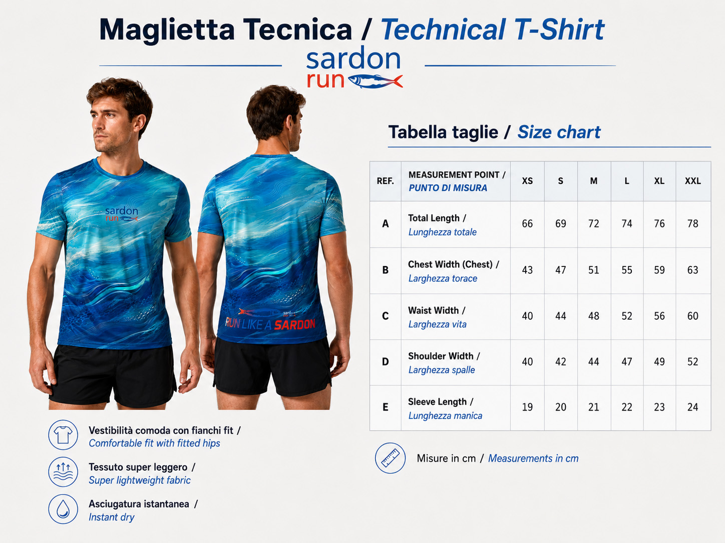 Tabella taglie maglietta tecnica Sardon Run 2026, da XS a XXL, misure in cm