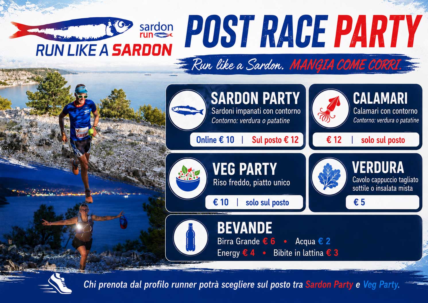 Menù Post Race Party Sardon Run 2026: Sardon Party, Calamari, Veg Party, Verdura, Bevande