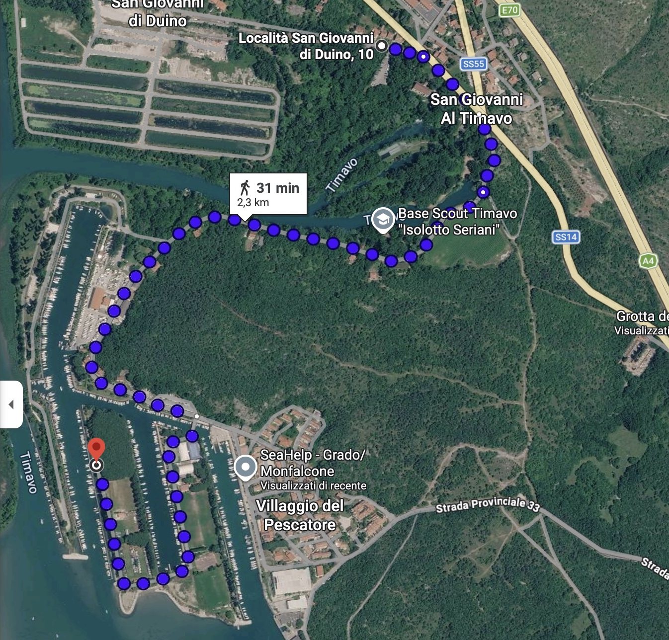 Percorso a piedi dal parcheggio più lontano al traguardo attraverso le Foci del Timavo: 2,3 km, 31 minuti